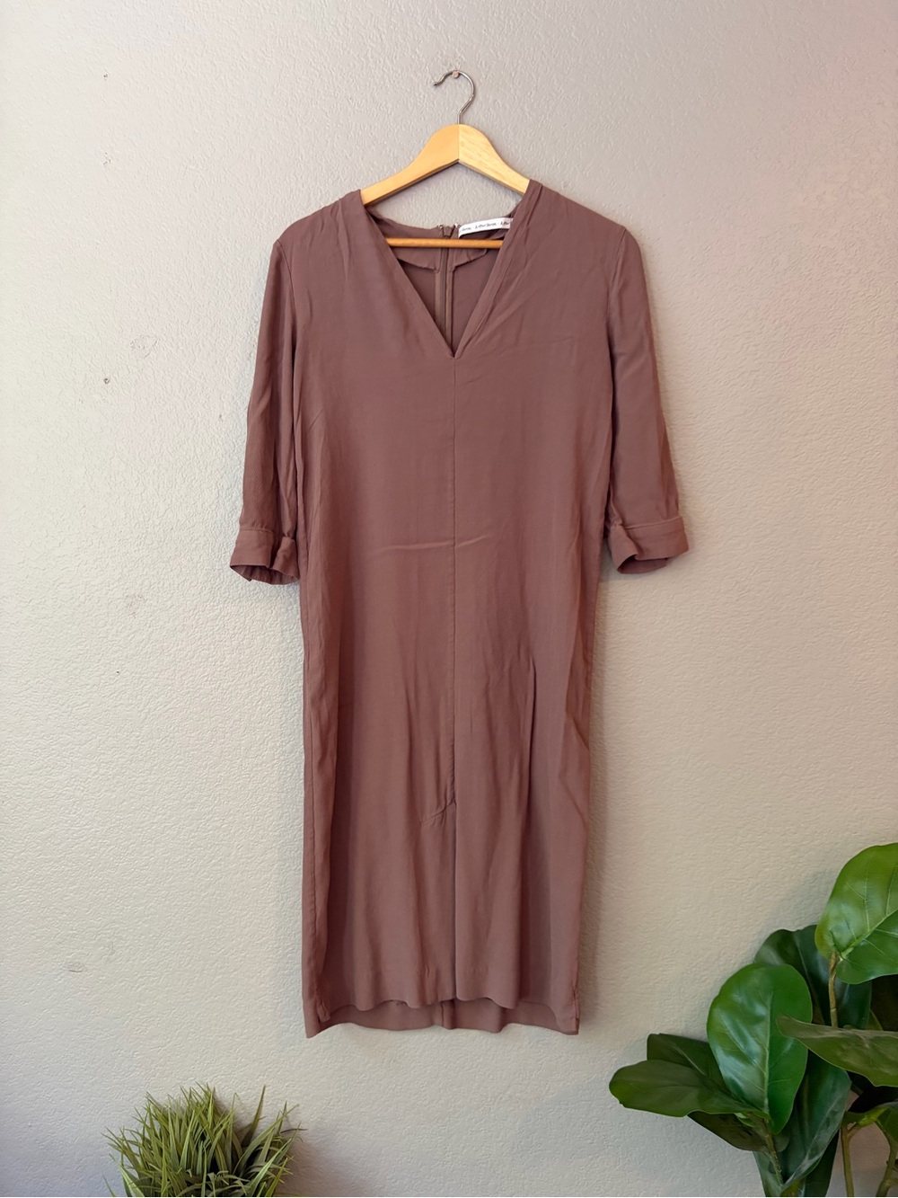 & Other Stories Mauve Brown V-Neck Midi Shift Dress Size 6